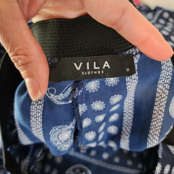 VILLA Blue White Silky Jogger Pants Pockets Black Elastic Size S - Picture 7 of 8